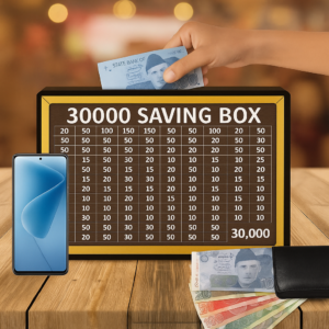 wooden 30,000 pkr saving box with cash tracker
