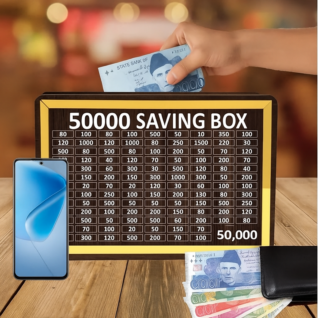 wooden 50,000 pkr saving box with cash tracker