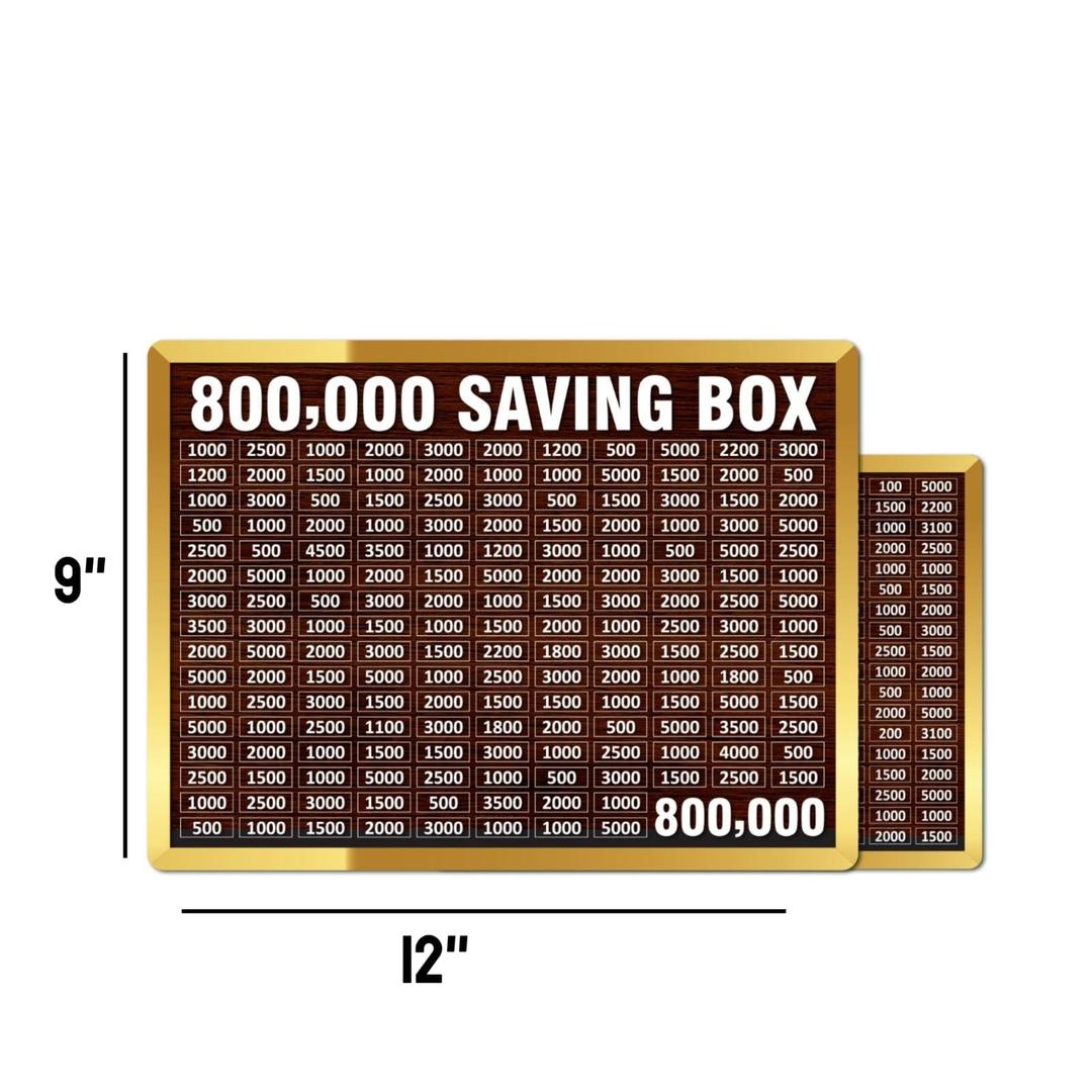 wooden 800,000 saving box with target chart