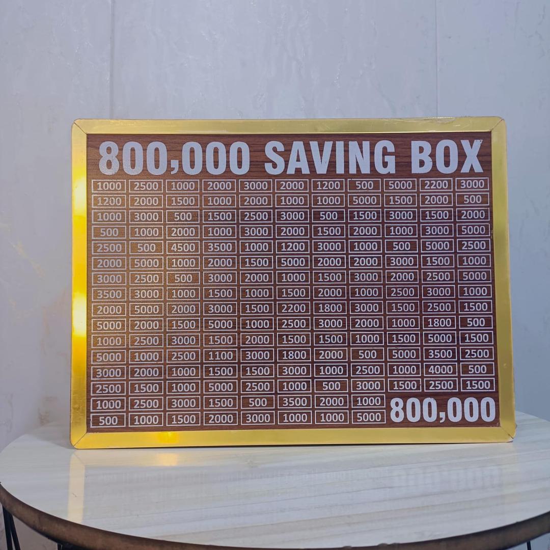 wooden 800,000 saving box with target chart