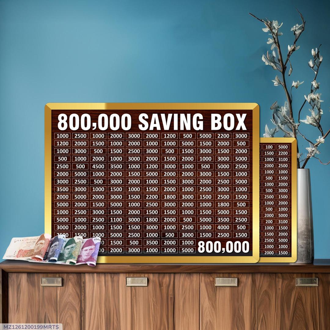 wooden 800,000 saving box with target chart