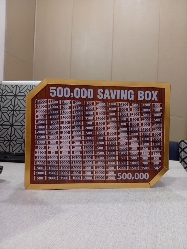 wooden 500,000 pkr saving box with chart