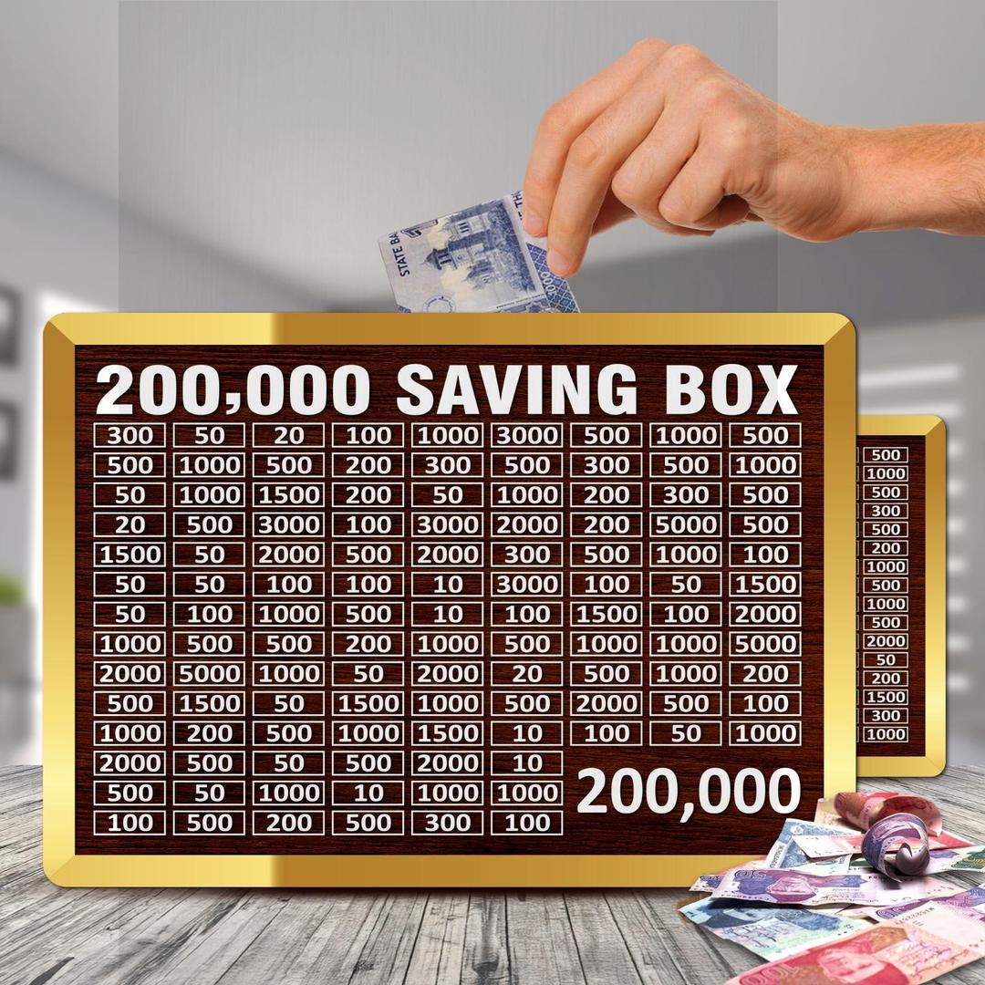wooden 200,000 rupee saving box with slots