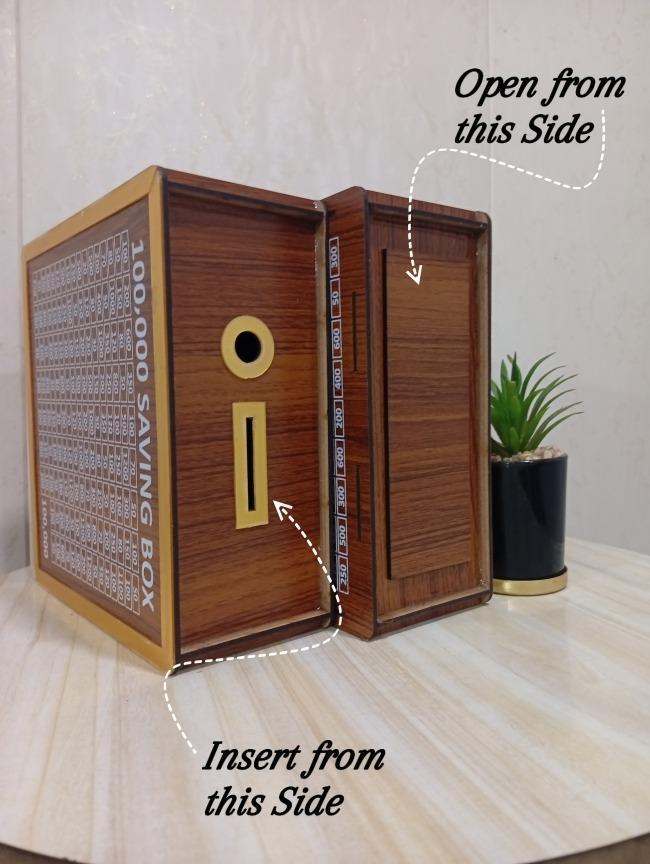 wooden 100,000 pkr saving box with cash tracker